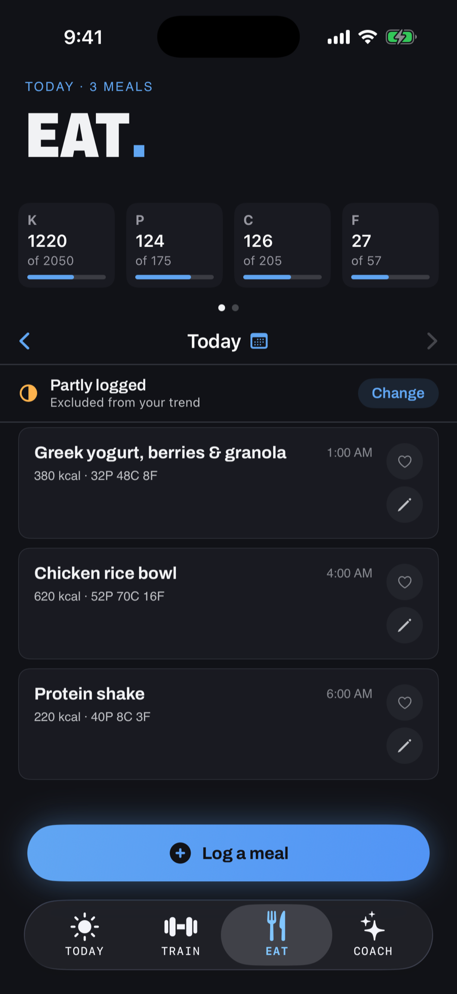 The Eat screen: calorie, protein, carb and fat progress for the day above a list of logged meals.