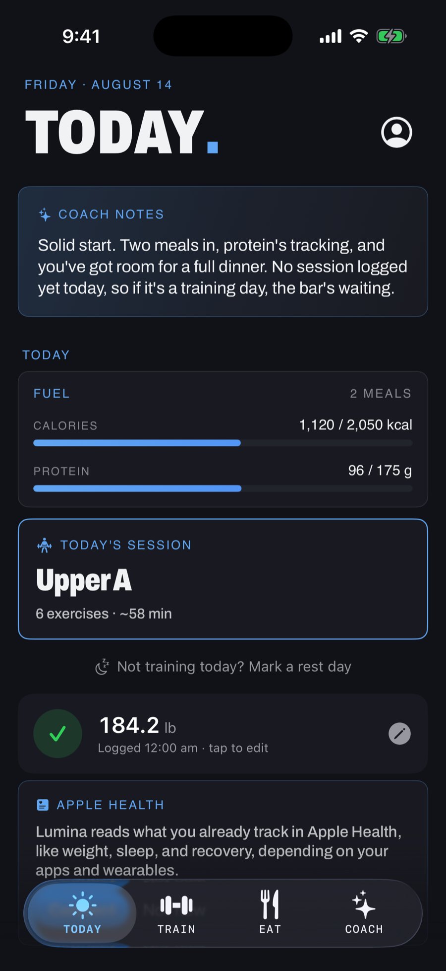 The Today screen: a coach note reading Solid start, two meals in, protein is tracking, above calorie and protein progress and the day's session.
