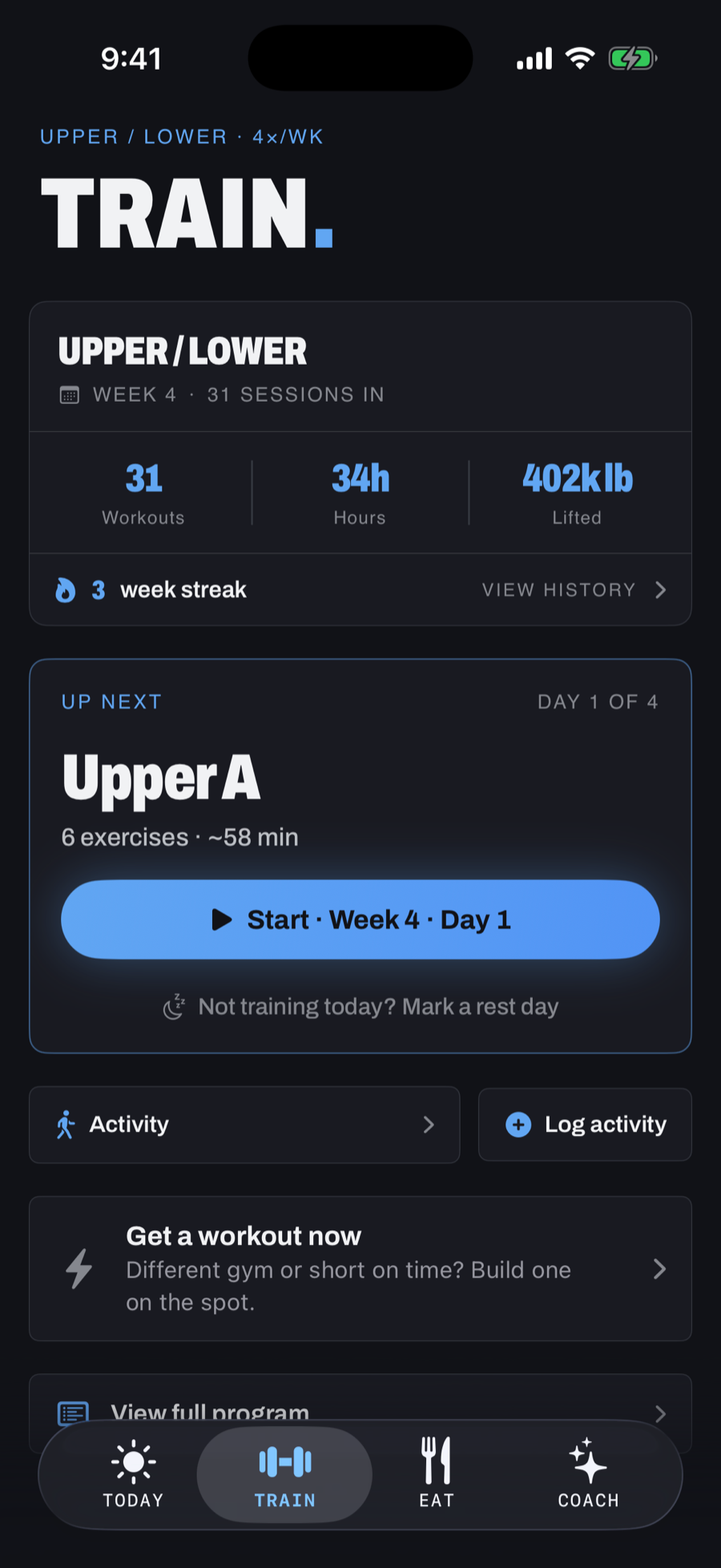 The Train screen: an upper/lower training program in its fourth week, 31 sessions completed, with the next session queued as day 1 of 4.